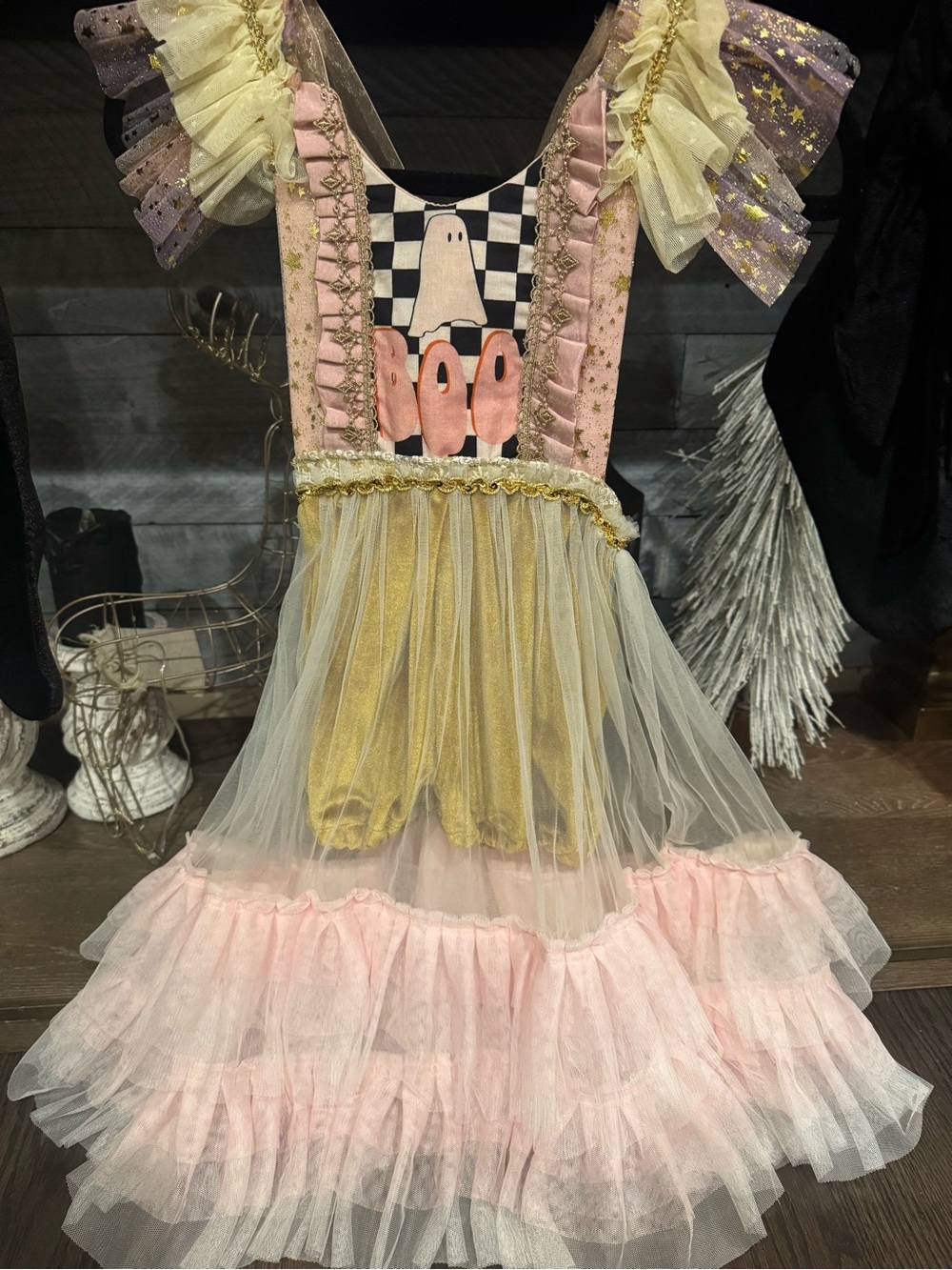 Pink & Gold Ghost Ruffle Halloween Costume Dress for Kids